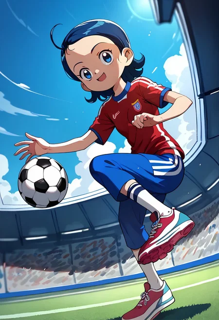 score_9, score_8_up, score_7_up BREAK Aiko1, 1girl, short blue hair, blue eyes, soccer uniform, soccer shoes, playing soccer, soccer field,