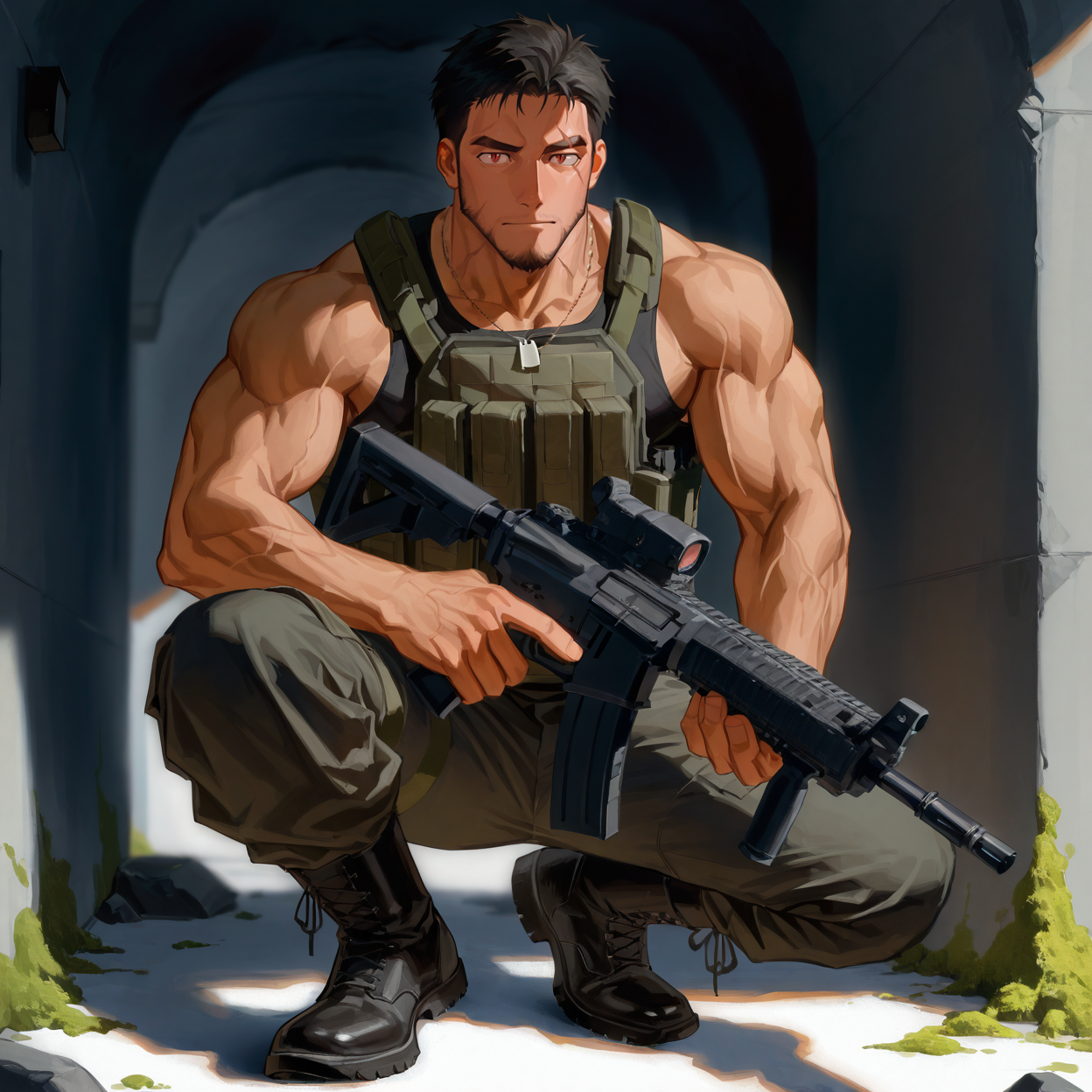 <lora:Wolf_Fang_Captain-Saving_80000_Gold_in_Another_World_for_my_Retirement-illustrious-v1:.6> Wolf_Fang_Captain,black hair,scar on eyebrows,slit pupils, black tank top,moss green military pants,military necklace,black boots,bulletproof vest,holding assault rifle
(very short hair, beard, bara, mature, facial hair, stubble, beard, full beard, sideburn, beard, a lot of beard, ), facial hair,male focus, muscular male, muscular male, bara, mature,  bara, mature, aixiwuganda_(20222192), very awa, masterpiece, best quality, absurdres, newest, perfect quality, detailed background, intricate details,
<lora:slider_Body Type_alpha1.0_rank4_noxattn_last:3><lora:style_Anime Summer Days 2 Style SDXL_LoRA_Pony Diffusion V6 XL:.6><lora:slider_cfg_scale_boost:.7><lora:Artist6p:.55>, Artist6p, Artist04p,<lora:slider_il_brightness_slider_d1:-1><lora:slider_il_contrast_slider_d1:-1><lora:slider_DarkSlider1.2_alpha1.0_rank16_full_300steps:-.6>