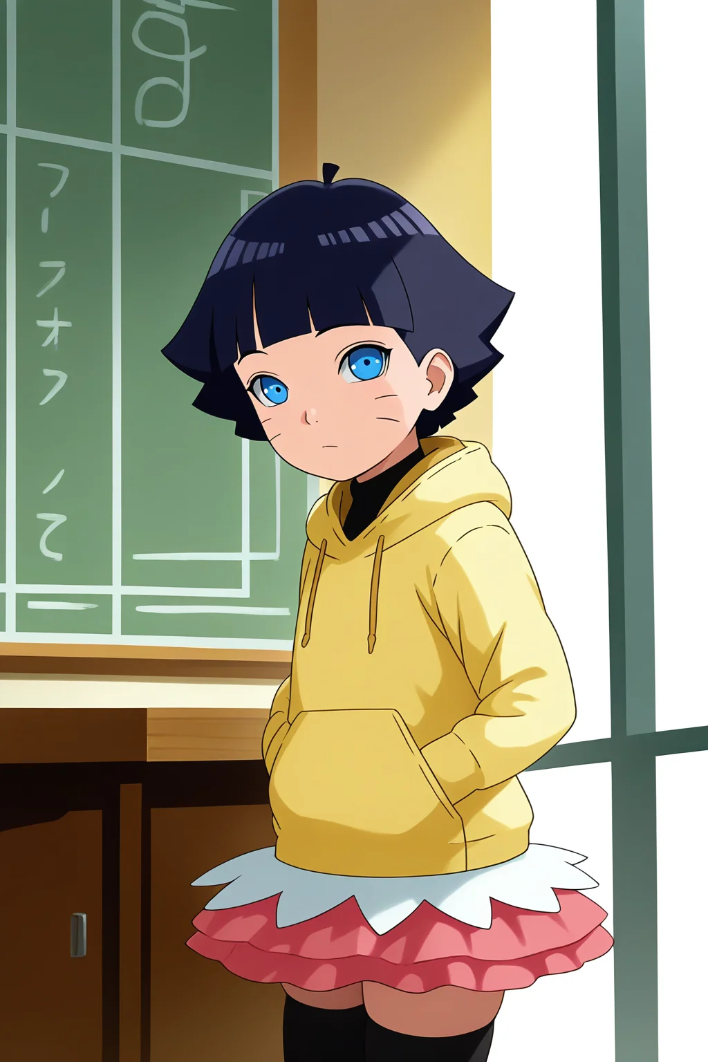 sharp focus, pixiv masterpiece, source_anime, score_9, score_8_up,  score_7_up, score_6_up, absurd res, BREAK
<lora:Himawari_Uzumaki_IL_v1-000012:0.9>,uzumaki_himawar1_illu, 1girl, solo, dark_blue_hair, short_hair,yellow_hoodie, sunny day, looking at viewer, hima-skirt, black stockings, cowboy shot