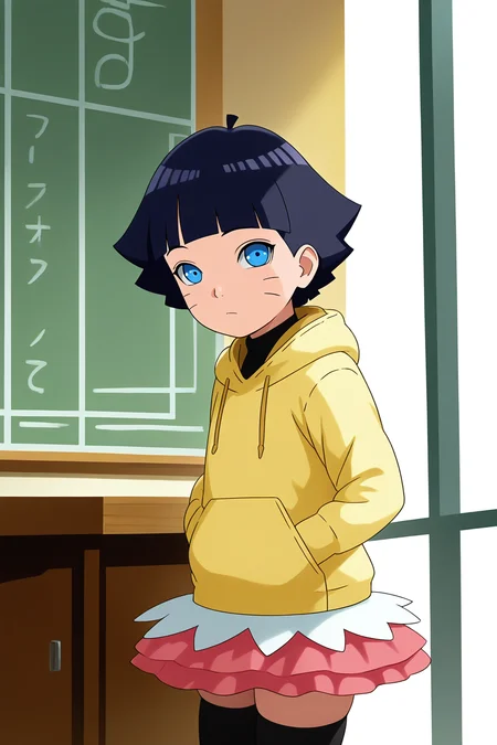 sharp focus, pixiv masterpiece, source_anime, score_9, score_8_up, score_7_up, score_6_up, absurd res, BREAK
<lora:Himawari_Uzumaki_IL_v1-000012:0.9>,uzumaki_himawar1_illu, 1girl, solo, dark_blue_hair, short_hair,yellow_hoodie, sunny day, looking at viewer, hima-skirt, black stockings, cowboy shot