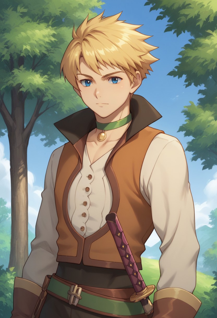 score_9, score_8_up, score_7_up, source_anime, highly detailed,
cecil, solo, 1boy, male focus, weapon, sword, green choker, blonde hair, blue eyes, gloves,
choker, sheath, vest, upper body
outdoor, tree, sky
