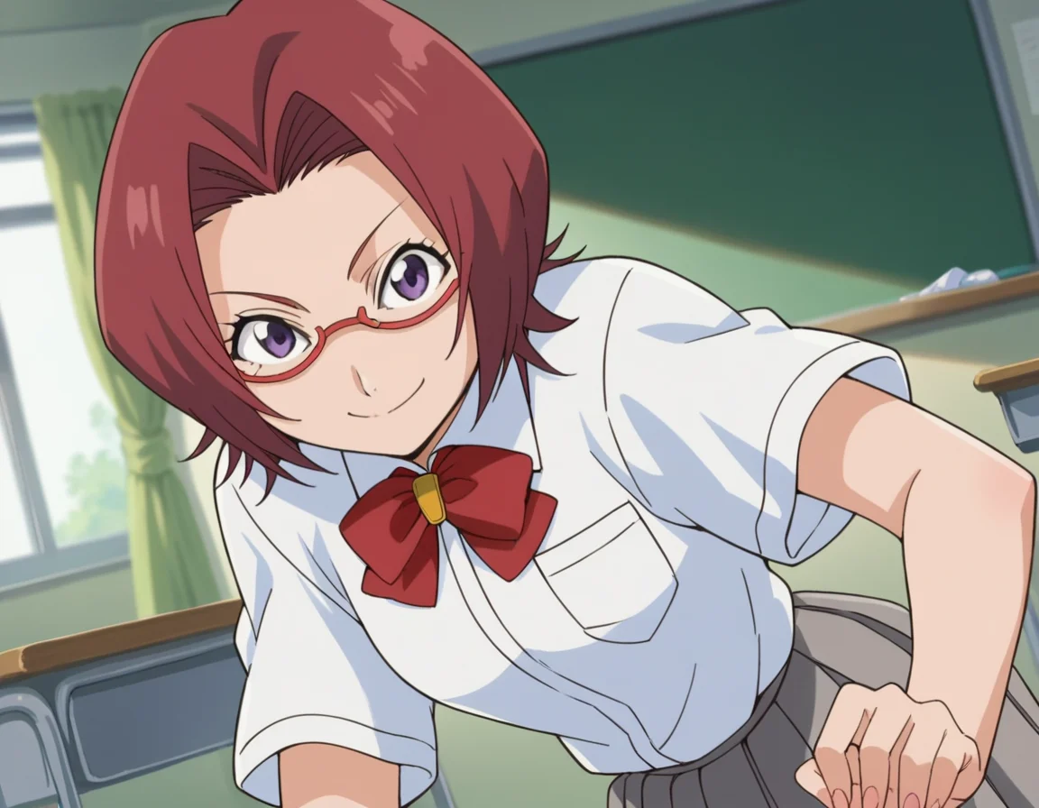 score_9, score_8_up, score_7_up, source_anime,
chizuruhonsho, <lora:chizuru-honsho-s1-ponyxl-lora-nochekaiser:1>,
chizuru honsho, short hair, red hair, purple eyes, glasses,
skirt, shirt, bow, school uniform, white shirt, short sleeves, pleated skirt, bowtie, red bow, red bowtie, grey skirt,
indoors, classroom, smile, bent over,
looking at viewer, dutch angle, cowboy shot,