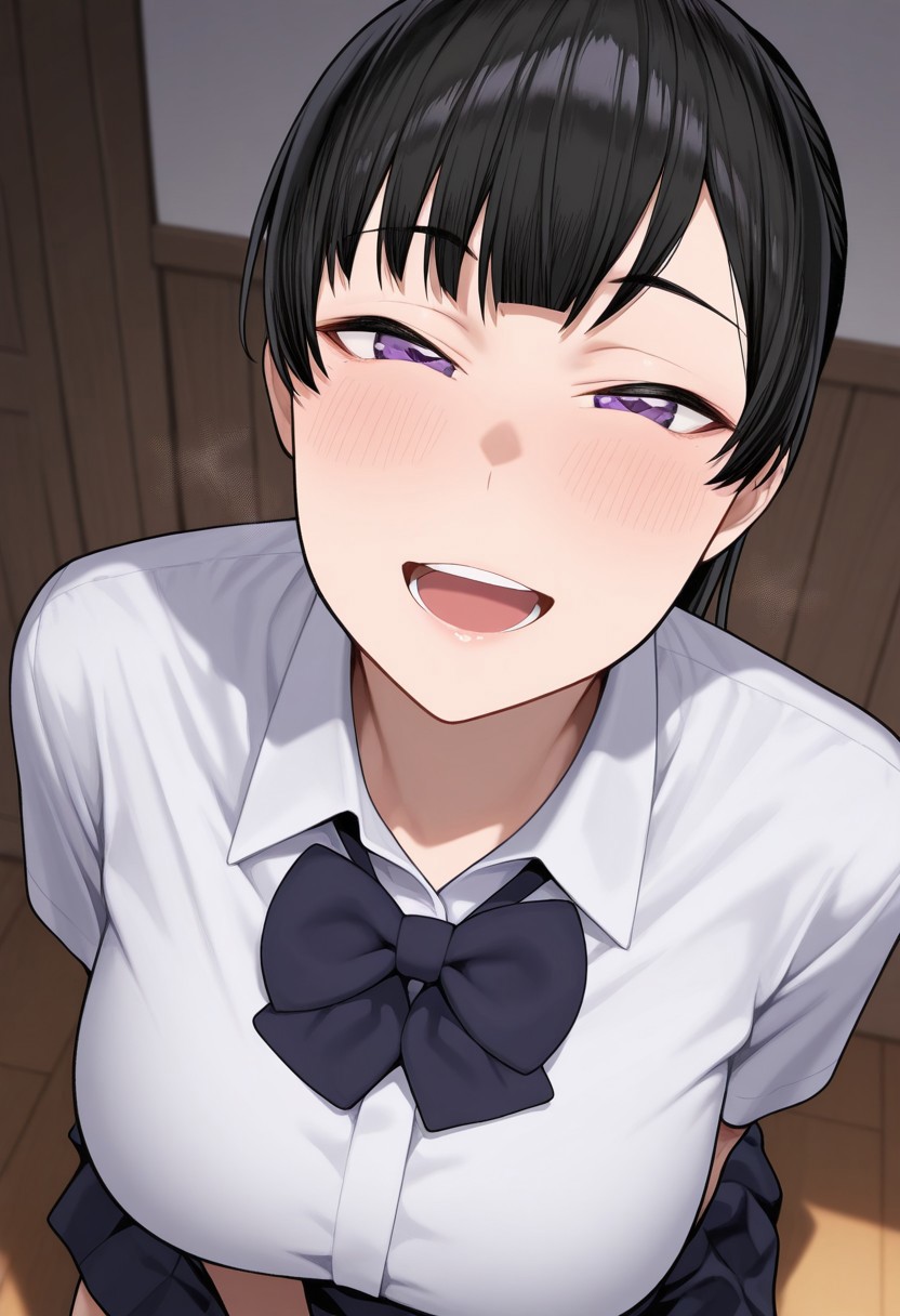 masterpiece, best quality, highly detailed, incredibly absurdres, highres, ultra-realistic, shiho,ponytail,blunt bangs,school uniform,socks,shirt,skirt,bow,bowtie,collared shirt,:D,
