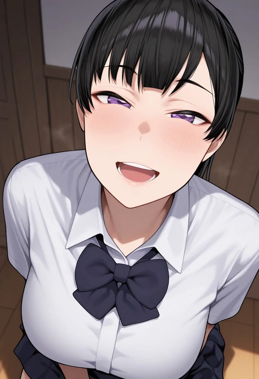 masterpiece, best quality, highly detailed, incredibly absurdres, highres, ultra-realistic, shiho,ponytail,blunt bangs,school uniform,socks,shirt,skirt,bow,bowtie,collared shirt,:D,