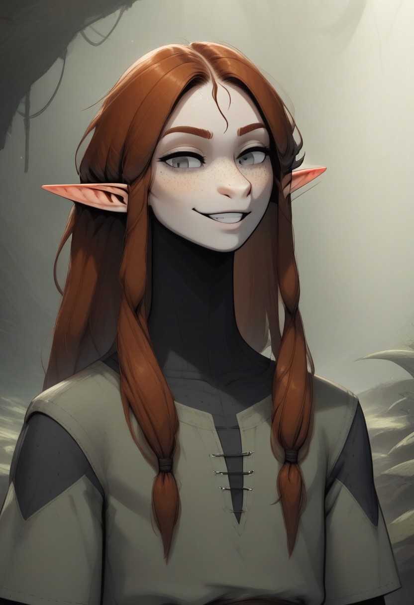 Malgha, 1 person, androgynous, solo, snout nose, pointy ears, gray eyes, light skin, freckles, tall, auburn hair, long hair, two large strands of hair sticking straight up, small locks of hair in front of forehead, back-length hair, average build, small nostrils, ((green tunic)),
Close up, face focus, ((front view)), cowboy shot, smirking,
((organic cavern background, luminous moss, plants, bordered by moss, detailed moss))
Medieval style,
highly detailed face, high quality, best quality, masterpiece, score: 9, score: 8 up, rating: safe, source: semi-realistic,