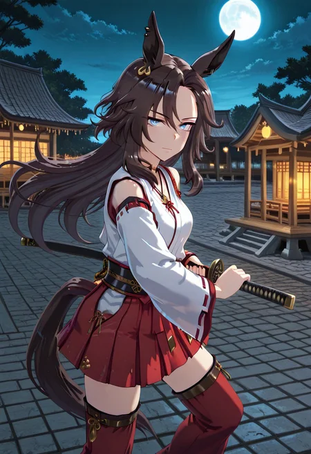score_9,score_8_up,score_7_up,source_anime,anime coloring, , masterpiece,best quality,amazing quality,1girl,solo,
hakama skirt,miko, Shrines, tree,Stone pavement, lanterns, , shoulders,wind flips up skirt,
, tile roof, wooden house, Japanese-style house, shrine,
<lora:battoujutsu-stance-illustriousxl-lora-nochekaiser:1>, battoujutsu stance, looking at viewer, holding, weapon, sword, holding weapon, holding sword, standing, katana, sheath, sheathed, fighting stance, ready to draw
,(serious),Night, full moon, glowing blue eyes,
,,look viewer,,(mini skirt),red skirt,
speed symboli\(umamusume\), horse ears, ear ornament, horse tail,pendant choke