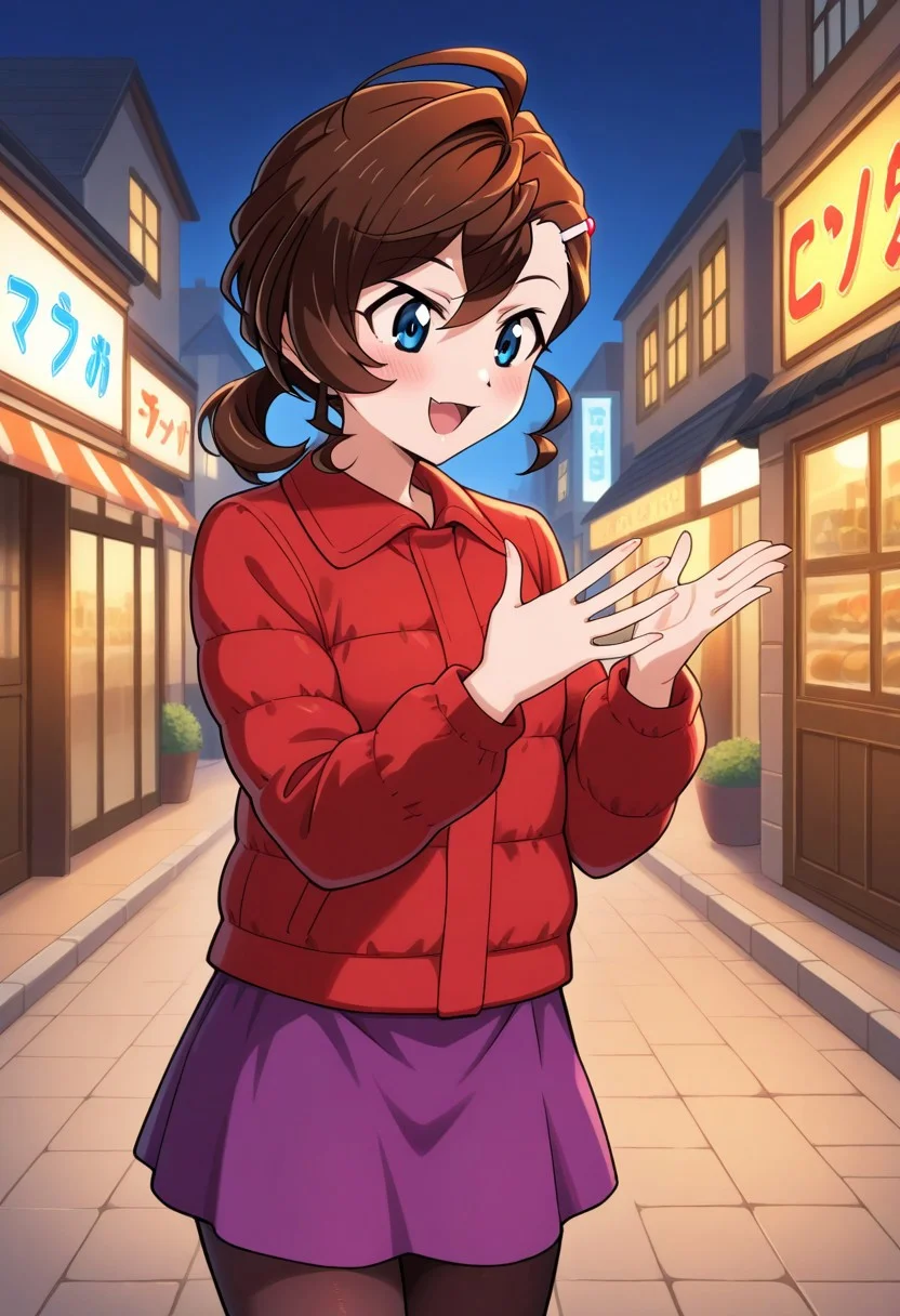 1girl,Inuyama Mana_(GeGeGe no Kitarou),solo,Useful Street, busy city streets, colorful storefronts, cozy cafes,cowboy shot,Giggling,(lavenderblush skirt:1.5),blue eyes,1 hair tie,crimson (Down jacket:1.3),(Placket jacket:1.2),Ahoge,(wavy hair),(Brown:1.5) medium hair,swept bangs and (hair pulled back:1.2),(low ponytail),hair between eyes,(single hair intake:1.5),sideburns,pantyhose,1 silver hairpin,masterpiece, best quality,perfect