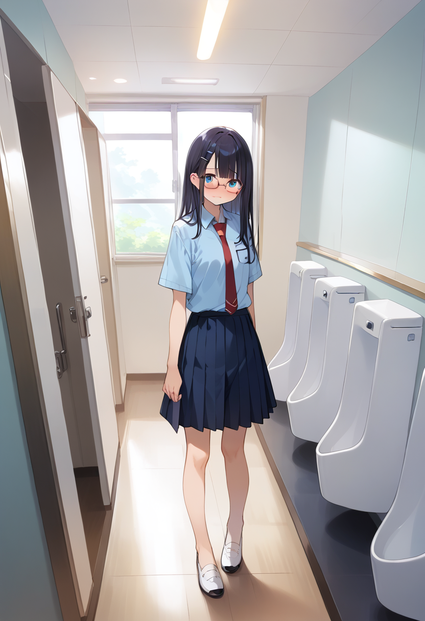 score_9, score_8_up, score_7_up, rating_safe, masterpiece, best quality, absurdres, unity 8k wallpaper, official art, official style, source_anime, game cg, megami magazine,
1girl, solo, glasses, black hair, long hair, blue eyes, collared shirt, red necktie, pleated skirt, blue skirt, looking at viewer, blush, embarrassed, 
danshitoire, syobenki, urinal,  koshitsu, door, indoors, window, scenery, day,
<lora:danshi_toilet_PONY_V5:0.6>