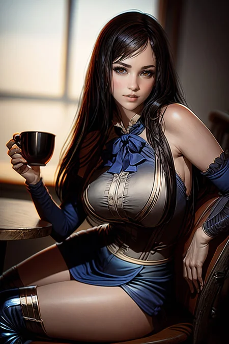 (best quality, masterpiece), realistic, (perfect detailed face), detailed bright eyes, good lit detailed skin, 1girl, (curvy), on chair, inside a coffee restaurant, holding a cup, (dim:0.5), (low key:0.5), lying sexy pose, snha <lora:epi_noiseoffset2:1> <lora:more_details:0.5> <lora:add_sharpness:1.5> <lora:rec:1.25> <lora:Castlevania_OoE_Shanoa:0.7>