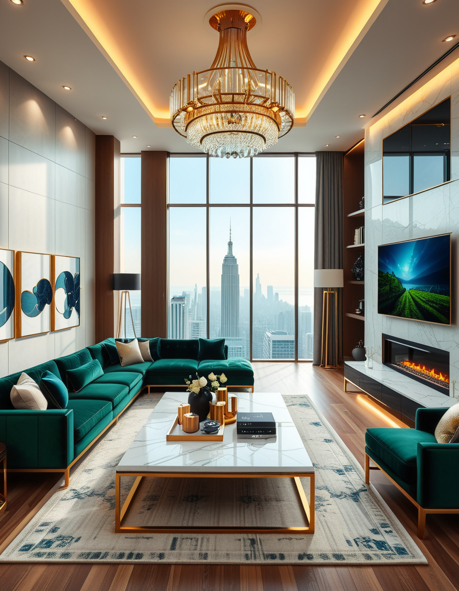 A lavish and modern luxury living room with a spacious open layout. The room features a grand chandelier with crystal details hanging from a high ceiling. Plush velvet sofas in deep emerald green and navy blue are arranged around a sleek marble coffee table with gold accents. The floor-to-ceiling windows allow natural light to flood the space, revealing a breathtaking city skyline in the background. A contemporary fireplace with a sculptural design adds warmth, while elegant artwork and designer decor pieces complete the sophisticated ambiance. The lighting is soft and ambient, creating a cozy yet opulent atmosphere.
<lora:SDXLFaeTastic2400:0.4> <lora:extremely_detailed:0.4> extremely detailed,  <lora:luxurious_l1v1ng_r00m:1>,luxurious l1v1ng r00m, Masterpiece,best quality,hi res,8k,hi res,8k,award winning,(sharp focus, intricate, highly detailed),