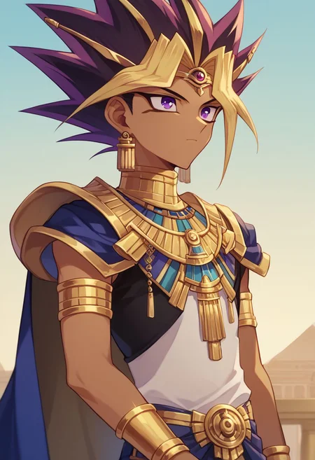 score_9, score_8_up, source_anime, highly detailed,
yami, 1boy, male focus, solo, jewelry, eye of horus, dark skin, purple eyes, dark-skinned male, spiked hair, blonde hair, multicolored hair, cape,
armlet, earrings, ring,
outdoor, egypt, upper body,