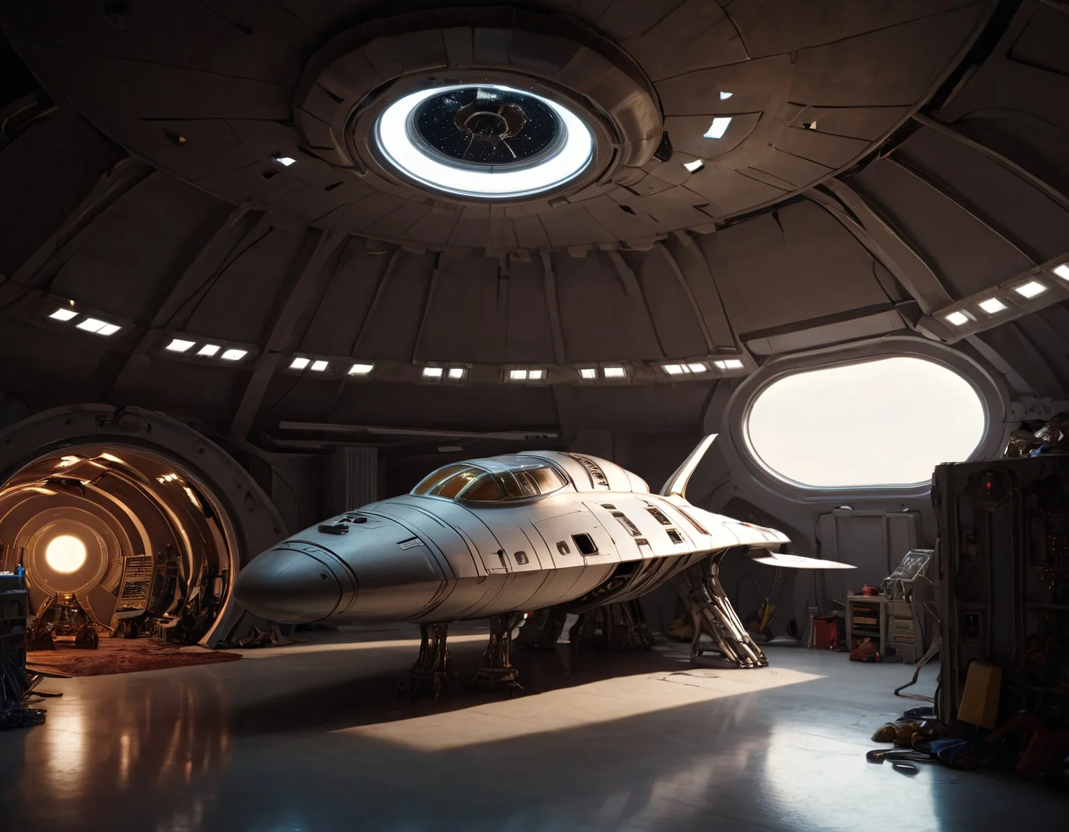 retrofuturism style frelling, frelling interior, scenery, interior of a spaceship garage, spacecraft partially disassembled, science fiction, dramatic lighting, <lora:Frelling_Interior:1.0>