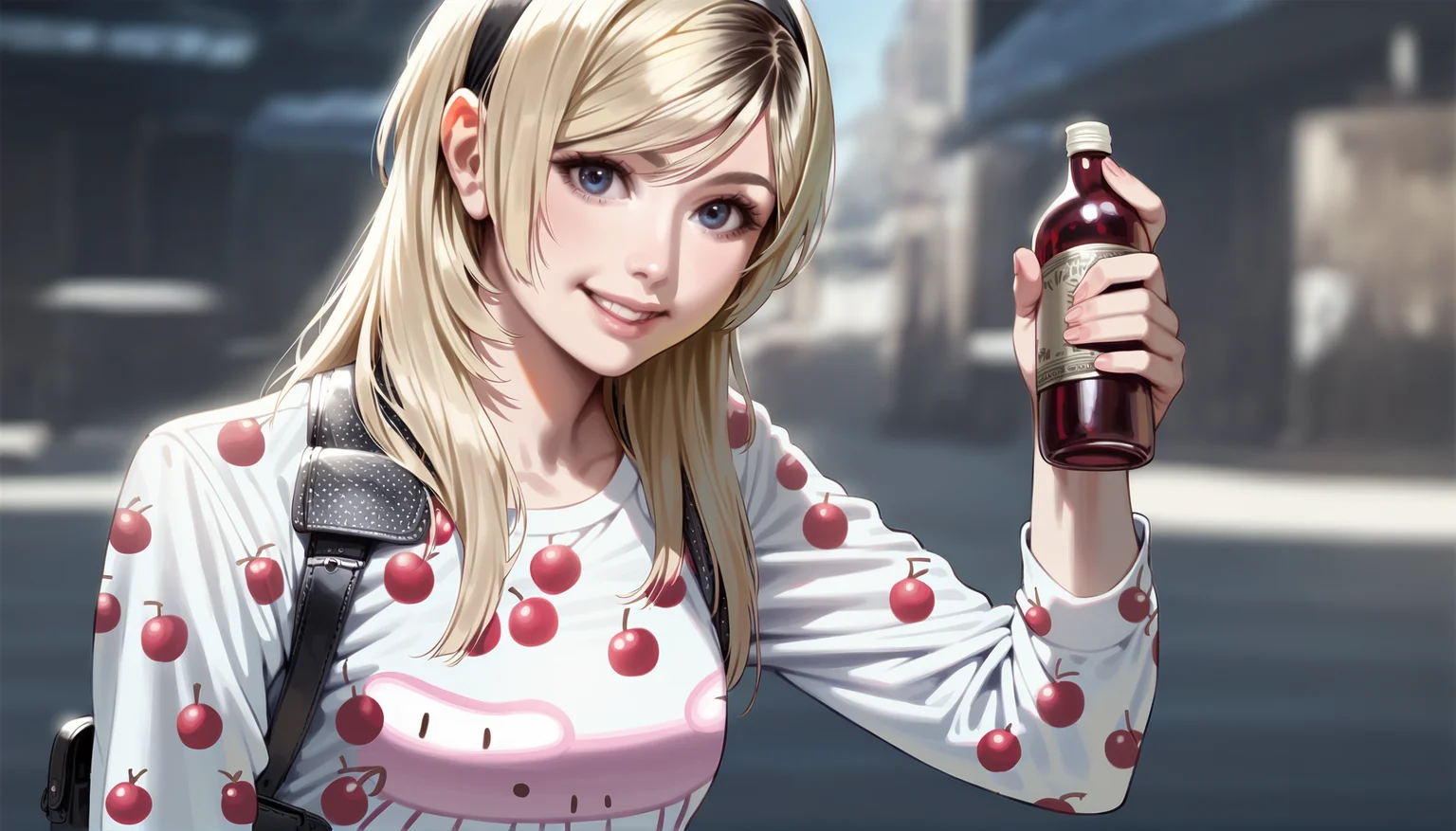 score_9,score_8_up,
realistic,(bloom:1.2),
<lora:leanne:1>,leanne,
1girl,solo,blonde hair,long hair,bangs,black hairband with white accents,blue eyes,looking at viewer,smile,parted lips,facing viewer,pink long sleeves with cherry patterns,brow belt,belt pouch,upper body,holding bottles,outdoors,night,simple background,