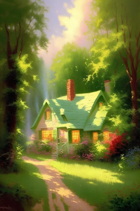 <lora:Thomas Kinkade Style:1>Thomas Kinkade Style - Thomas Kinkade style painting summer time green leaves sunny bright hot cottage ethereal