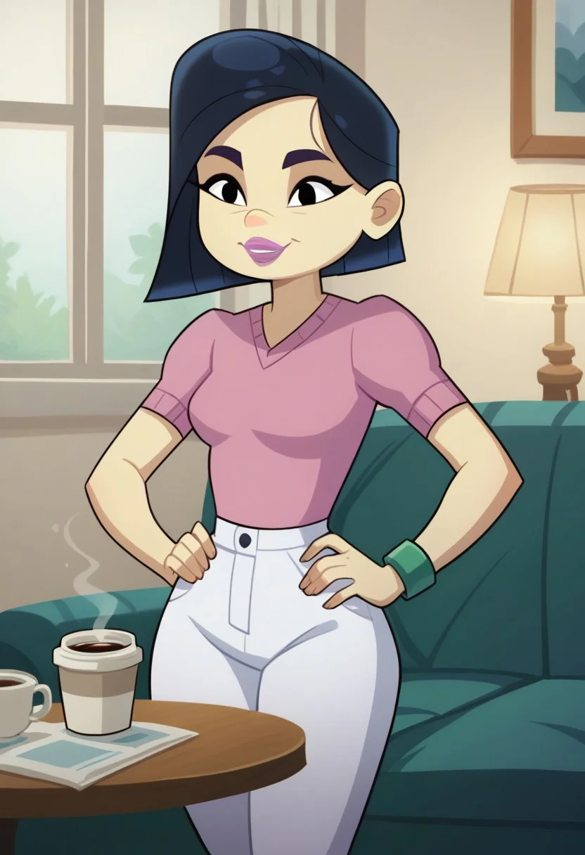 score_8, score_8_up, score_7_up, 1girl, female focus, solo, Mayumi_GT, pale skin, dark blue eyebrows, black eyes, dark blue hair, Short hair, pink lips, pink short-sleeved sweater, white high waisted pants, green bracelet, brown platform heels, full body, indoors, sofa, living room, coffee table, lamp, window, smile, hands on hips