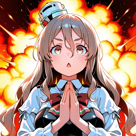 1girl,solo,<lora:IL_aisatsu_meme:1>,nin_sly,aisatsu,own hands together,explosions,
focused,serious,upturned eyes,chestnut mouth,
<lora:Unfazed - Illustrious character enhancer:0.5>,kantai_collection,pola (kancolle),kantai collection,elbows up,, masterpiece,best quality,amazing quality,very aesthetic,absurdres,