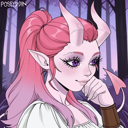 rlstyle, easynegative, poseydnd,, 1girl, pink hair with purple gradient, poseydnd, ponytail, purple eyes, white blouse, brown bracers, tiefling, pointed ears, pink horns,straight horns, demon horns, tail, pointed ears, long pink hair, pink hair with purple gradient, long lashes, thick lashes, pale pink skin, thin tail, pink tail, imp tail, light colors, pastel colors, purple gradient in hair, portrait, outdoor background, forest background