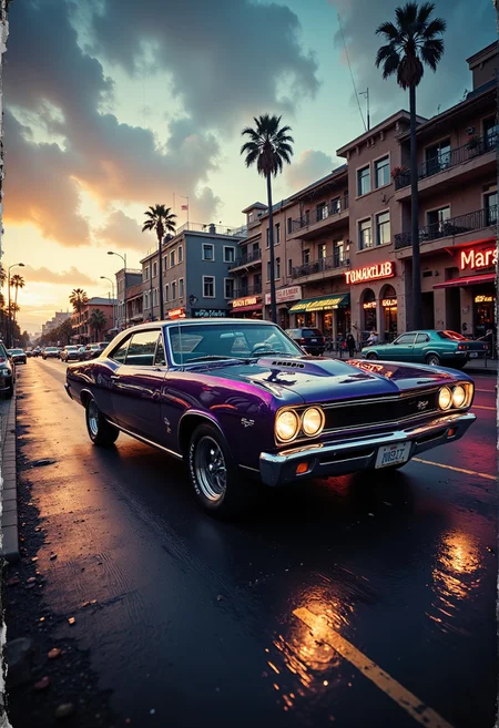 A nostalgically crafted relic of the past, a meticulously restored deep Monochrome pearlescent classic 60's muscle car cruises through the dusk streets with an intimidating elegance. The vintage vehicle gleams with a lustrous sheen, showcasing its aerodynamic lines and sharp accents as it cruises along the asphalt. This evocative scene is captured in a vividly detailed oil painting, where every brushstroke highlights the car's classic styling and pristine condition. Impeccably rendered, this image transports viewers to a bygone era of automotive luxury and style. secretlab