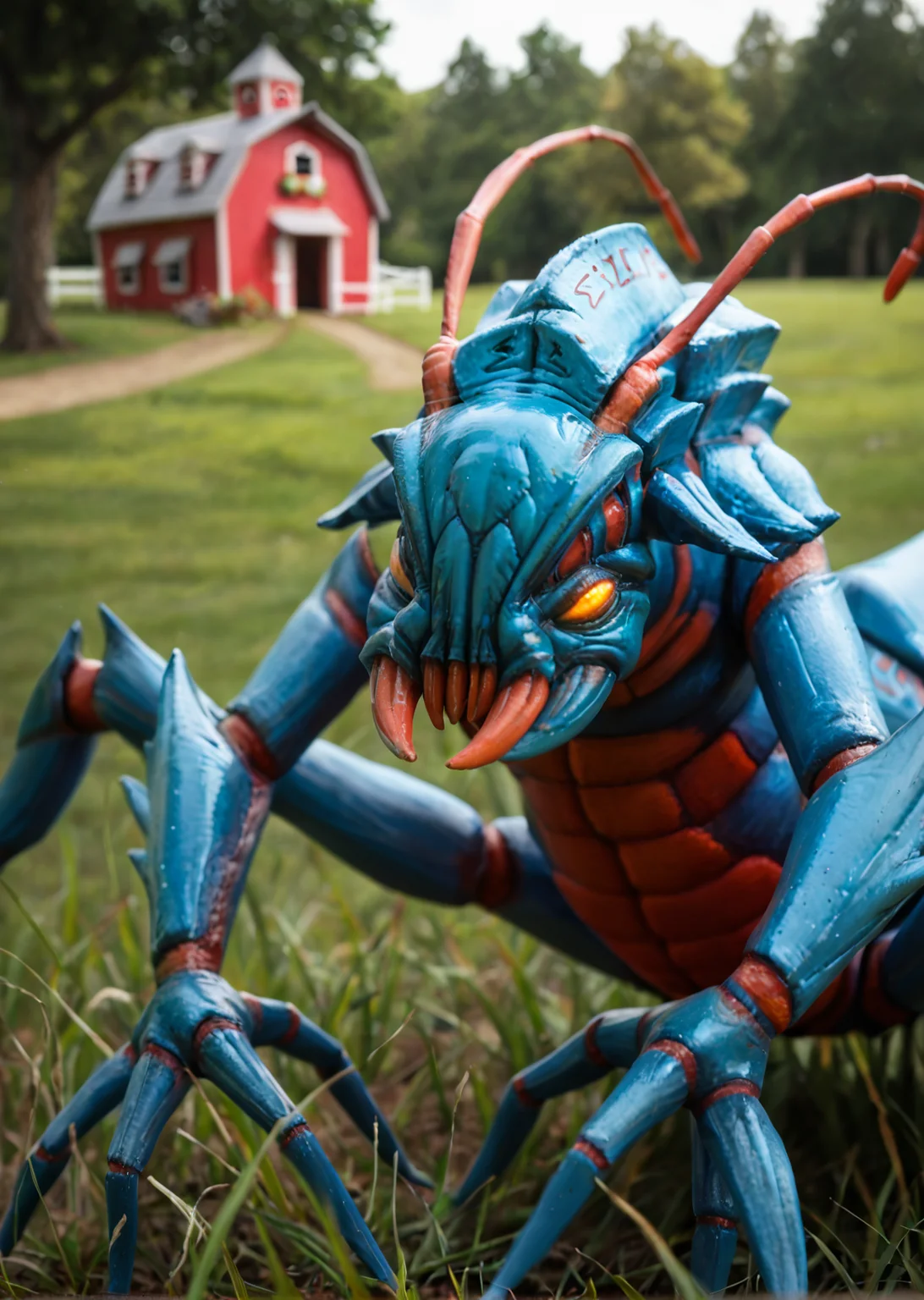 <lora:weaver_v3:0.8>weaver_v3, 
1boy, 
no humans, pokemon (creature), monster, insect, 
yellow eyes, glowing eyes, colored sclera, 
claws, 
teeth, sharp teeth,  fangs,
 horns, spikes, antennae, two antennas in the head,
blue skin, colored skin, shiny skin 
arthropod limbs,  extra arms, multiple legs,
farmhouse background, farm life, cozy,  farmhouse background, farm life, cozy, award winning,, tall grass, score_9, score_8_up, score_7_up, score_6_up, derpibooru_p_95, 
detailed eyes, beautiful, detailed background, perfect eyes, 
solo, 
blur censor, blurry, blurry background, blurry foreground, bokeh, motion blur,
chromatic aberration, depth of field, figure, focused,  focus
photography, realistic sun light and shadows, photorealism, UHD --ar 9:16 --style raw --stylize 700,