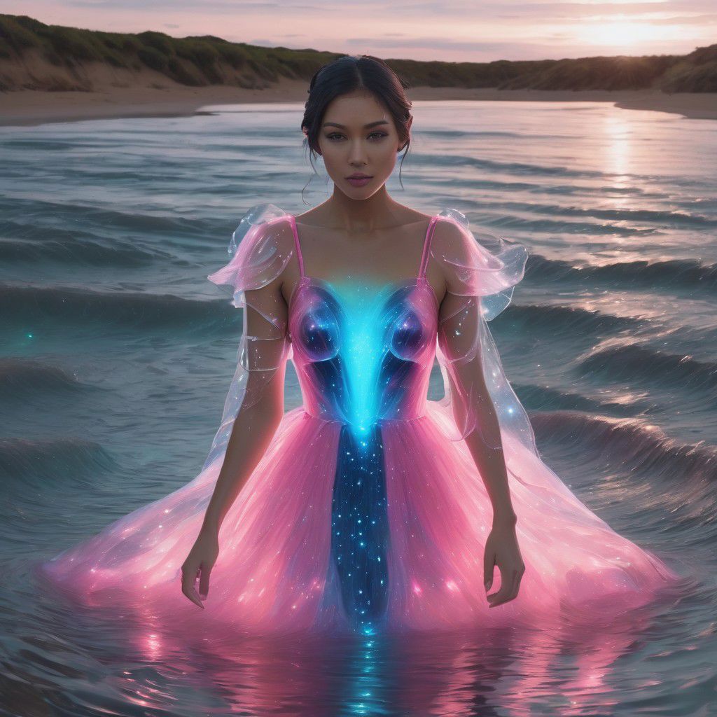 a fully clothed woman with a blue and pink bioluminescent dress in water