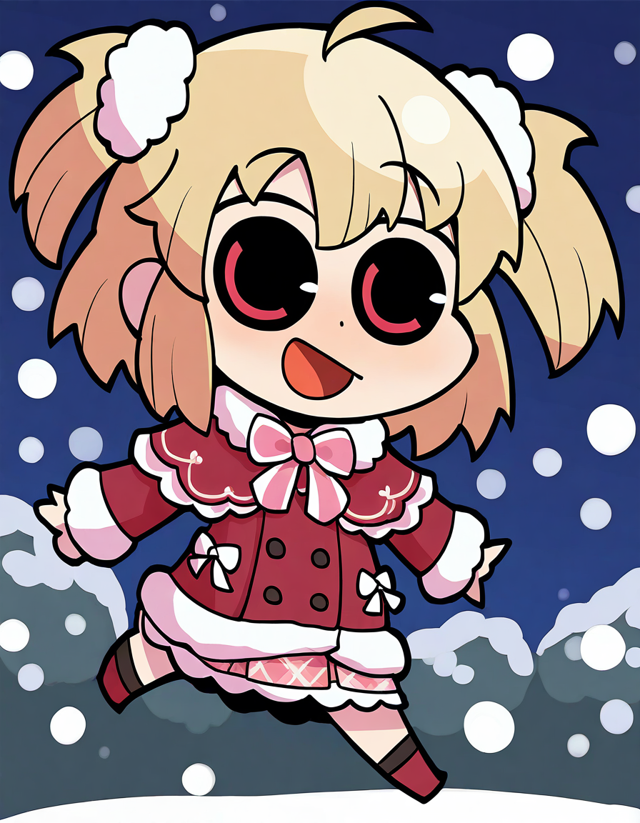 masterpiece, best quality, newest, absurdres, highres, safe, 1girl, ayano rika \(winter costume\), magia record: mahou shoujo madoka magica gaiden, papa \(shimeguru\), smile, solo, snowing, outdoors, dutch angle, <lora:ayano_rika_noobaiXLNAIXL_vPred10Version:0.7>