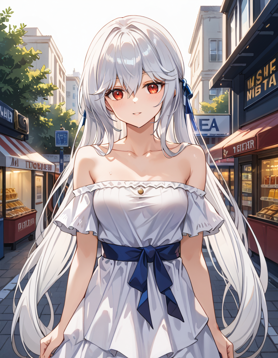 Volumetric Lighting, (masterpiece), (best quality), (ultra-detailed), masterpiece, source_anime, score_9, score_8_up, score_7_up BREAK, illustration, disheveled hair, detailed eyes, perfect composition, moist skin, intricate details BREAK, light depth, dramatic atmospheric lighting, Volumetric Lighting, specter (arknights), very long hair, white hair, red eyes BREAK, white dress, off-shoulders dress BREAK, outdoor, shop, sunny, day, casual outfit,bare shoulders, collarbone