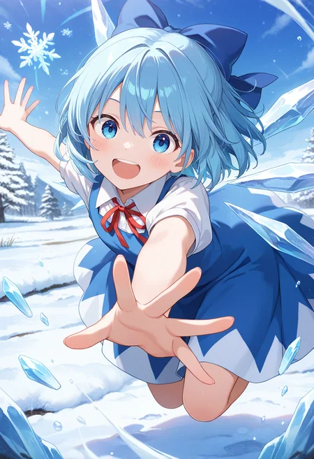 (masterpiece, best quality, high quality, good quality),1girl,cirno,outstretched arms,ice,sky,snow,reaching towards viewer,outstretched arms,casting spell,midair,<lora:Fr0stWrld4:1>,<lora:cutesexyrobutts_style_illustrious_goofy:1>,<lora:ponyv4_noob1_2_adamW:1>,