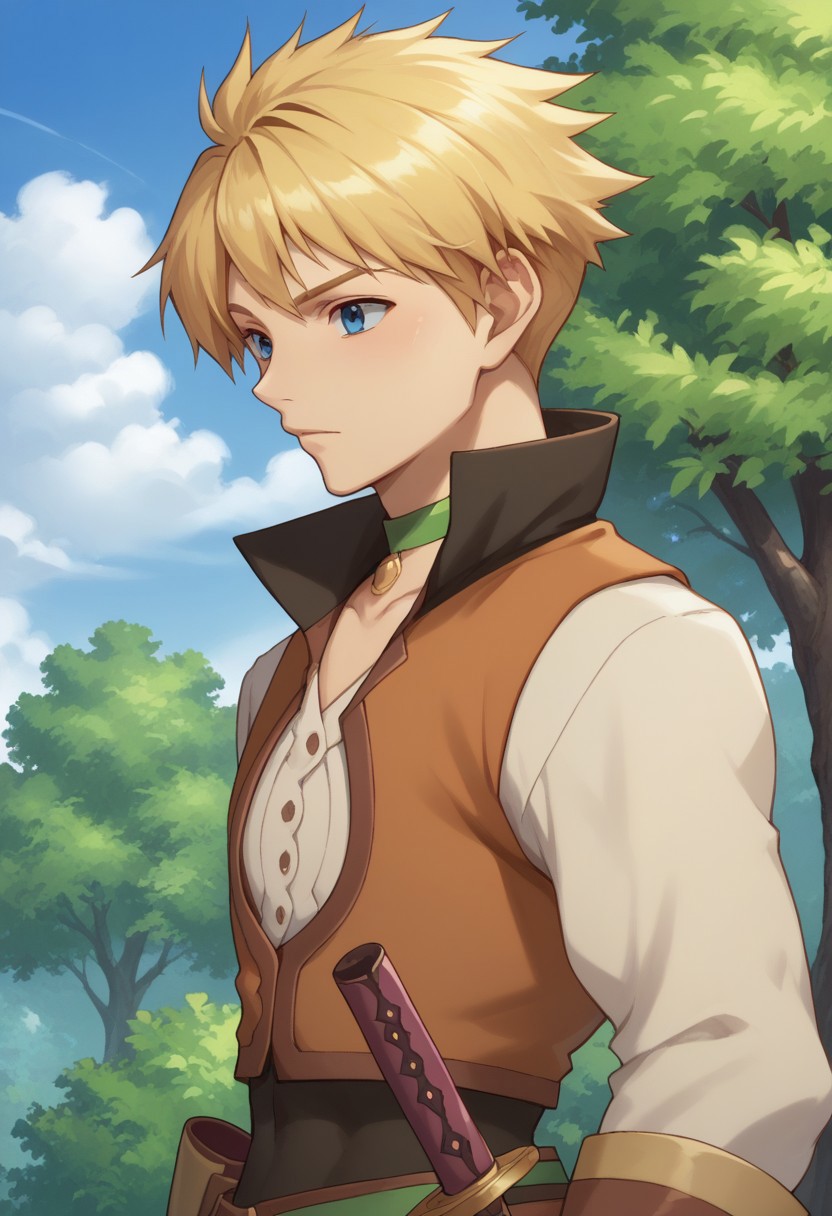 score_9, score_8_up, score_7_up, source_anime, highly detailed,
cecil, solo, 1boy, male focus, weapon, sword, green choker, blonde hair, blue eyes, gloves,
choker, vest, upper body
outdoor, tree, sky