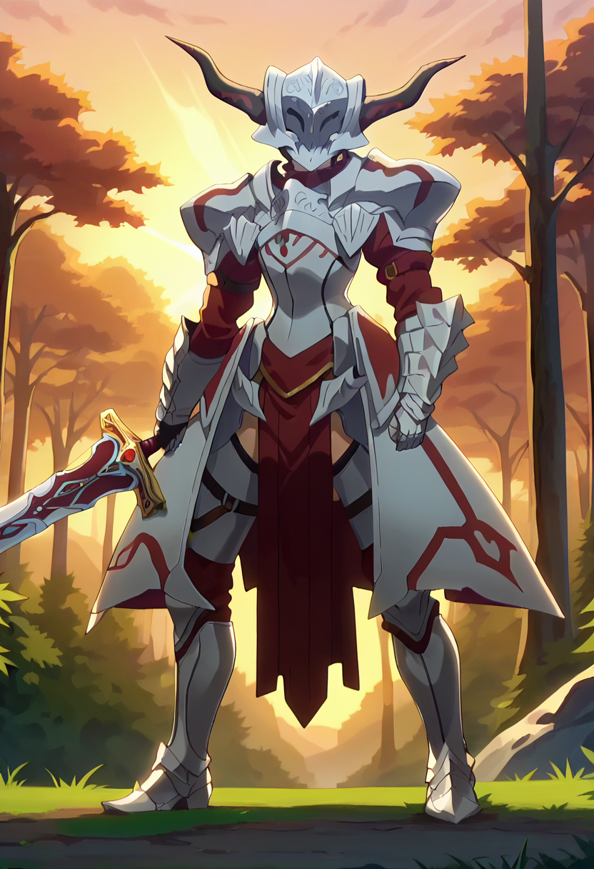 score_9, score_8_up, anime screencap, anime coloring, 
<lora:FateApocrypha_MordredXL:0.8>, MordredFA,
1girl, solo,
horned helmet,
MordredArmor, armor, shoulder armor, faulds, gauntlets, greaves, pelvic curtain, sword,
standing, looking at viewer, 
outdoors, forest, dark, sunset