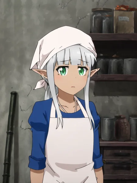 karla,  elf,  solo, head scarf, apron, indoors, neutral expression, from the front, 
 <lora:Karla_Dony_Hurt_Me_My_Healer__Kono_Healer_Mendokusai:1>