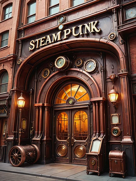 Steampunk building. Archway. A building sign: "STEAMPUNK".

<lora:Steampunk01_CE_XL_200-OT:0.4> stmpnkCE_style
<lora:TextTitle01a_CE_XL_300-OT:0.6> texttitle