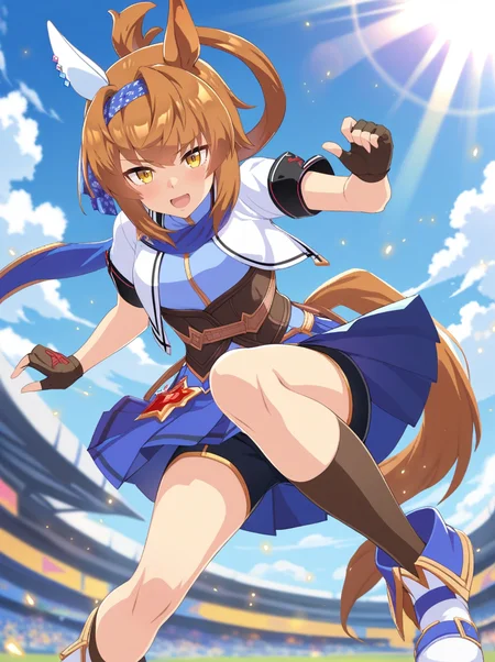 masterpiece, best quality, absurdres,detailed hair,
furioso \(umamusume\), 1girl, horse ears, fingerless brown gloves, full body, horse tail, brown kneehighs, blue pleated skirt, looking at viewer, ankle boots, short sleeves, white single ear cover, blue scarf, corset, blue high neck shirt, white cropped jacket, blue hair ribbon,compression shorts under skirt,
open mouth, big smile,
cowboy shot,
blue sky,outdoors,
light rays,lens flare,light particles,motion blur,
dynamic pose,
 <lora:SDXL_furioso_ver1.01:0.7>