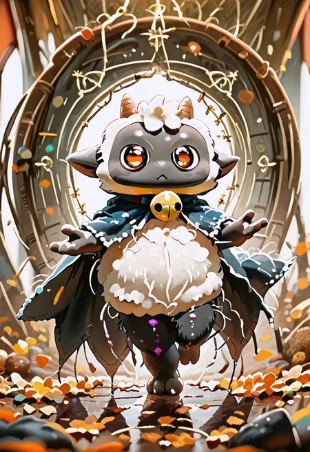 zuppu11, full body, solo, furry, score_9, score_8_up, look at viewer, male focus, no humans, furry male, flux-style, detailed eyes, furry, l4mb, lamb, horns, neck bell, cape, flx$tyl3