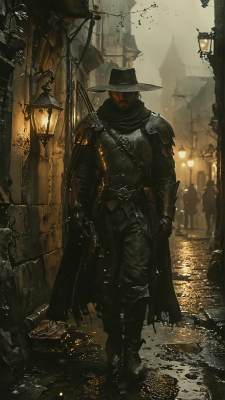 A dark fantasy scene featuring a French hunter in medieval-inspired armor, standing confidently in the dimly lit streets of Paris. The hunter has a rugged appearance, with a cloak made of dark leather and a crossbow slung over his shoulder. His face is partially shadowed by a wide-brimmed hat, and his piercing eyes gleam with determination. The cobblestone streets are wet from recent rain, reflecting the eerie glow of flickering lanterns. The architecture around him is Gothic, with tall, narrow buildings and intricate ironwork. The atmosphere is thick with fog, adding to the mysterious and ominous ambiance of the scene.
<lora:add-detail-xl:2> <lora:MJ52:0.5> <lora:ink-style_A3.1_XL:0.66> (ink-style, ink_wash_painting) <lora:zavy-cntrst-sdxl:0.6> <lora:Dark Fantasy:0.1>