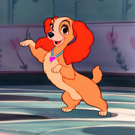lady \(ladyandthetramp\), disney, girly, (((wearing pink heart necklace))), full body, solo, looking at viewer, open eyes, open mouth, happy, smiling, dancing, posing, solo, (((flirty))), feral