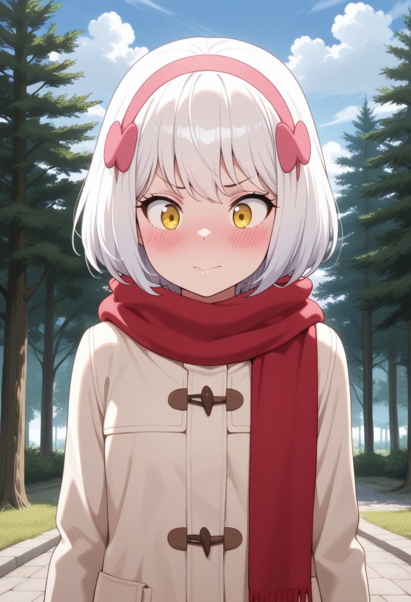masterpiece,best quality,amazing quality, paula mccoy, short hair, white hair, yellow eyes, 1girl, solo, scarf, red scarf, blush, tree, hairband,  outdoors, sky, cloud, day