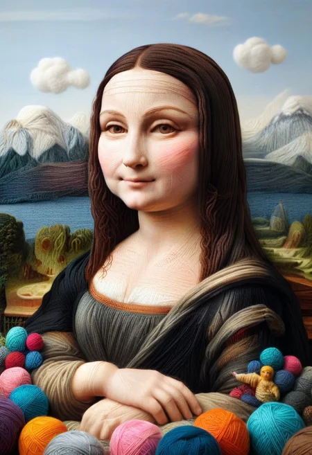 yrnwrld, made of yarn, high quality,masterpiece,absurdres,incredible composition,extremely detailed, Mona Lisa