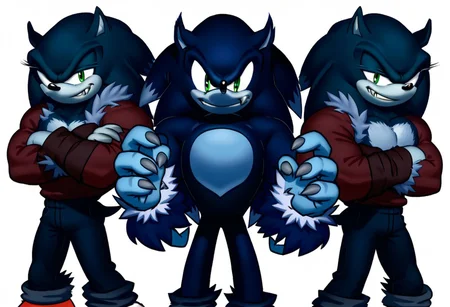 sonic with his arms crossed, fully body view, 1boy, smirking, Sonic the werehog, muscular, and standing by AmyRose, looking at viewer, smile, hands up