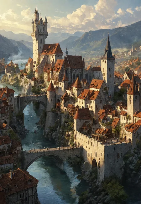 A masterful digital painting by Greg Rutkowski portraying the streets of a sprawling medieval city in a fantasy realm, with river, bridges, a white tower, walls, sparkling, majestic, beautiful, stunning, dreamlike, ethereal, magic, art, extremely detailed, masterpiece. The scene is set at sunset, with sharp focus and clarity. The landscape is featuring ultra-highly detailed and intricately posed characters. The intricate details and sharp focus of the painting give it a watercolor-like appearance, making it highly sought after and trending on ArtStation. The highly detailed and intricate elements of the scene are showcased in a studio photo, capturing the essence of a dreamlike, magical fantasy world.
 (8k uhd:1,4)
(((full-clothed))),
 <lora:add-detail-xl:1>
 <lora:Dynamic Poses:1>