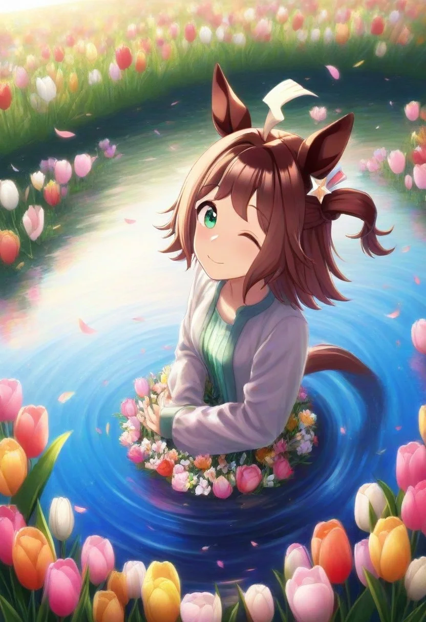 (umamusume, rhein_kraft_(umamusume), horse_ears, horse_girl, tail, 1girl, ahoge, animal_ears,)
casual, Tulip,Tulip flower, Tulip flower_field,
head_wreath, looking_at_viewer, solo, aesthetic, absurdres, symmetric , , g0ldsw0rthy,
(realistic, photo, artistic, medium_hair, one_eye_closed, petals, relaxing, smile, spiralling vortex made of multicoloured tulips, lush foliage sunrise, ripples, reflective, jaynl-tm, rainbow,green_eyes, hair_between_eyes, hair_ornament, : 0.7)