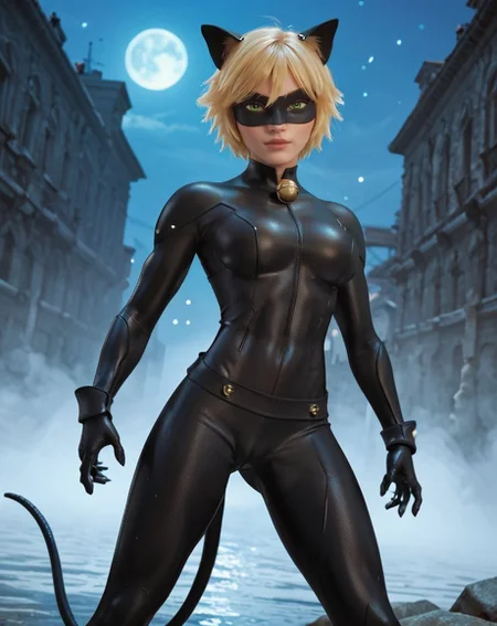 score_9, score_8_up, score_7_up, detailed, burly, muscular, beautiful details, cat girl, blonde hair, green eyes, mask, cat ears, animal ears, ripped bodysuit, bell, tail, <lora:Cat_Noir__Miraculous_Tales_of_Ladybug__Cat_Noir_:0.8>, big breasts, (night), cameltoe