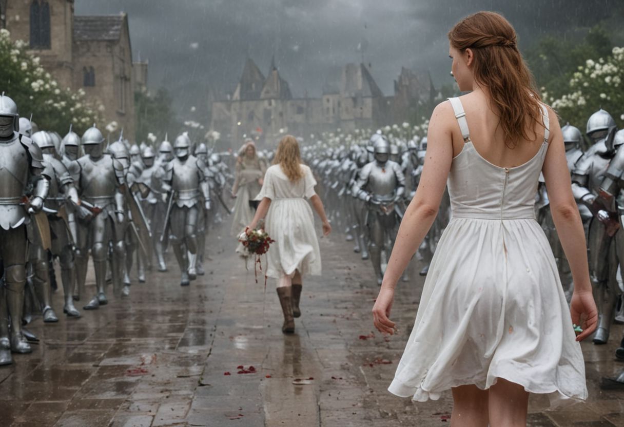 1 girl with an army of knights.
(happy little girl in clean white dress) runs with a white flower in her hand towards background (facing away) from camera. back turned.
(The Army of Knights is covered with blood and wounds), marching from right to left in background.
Masterpiece, DonMSt34mPXL, Realistic Lightning, Cinematic Lightning, Dark Lightning, Rain, Puddle, Clouded Sky, medieval, fantasy, pedestrians, Cape, Reflection, 1girl, army