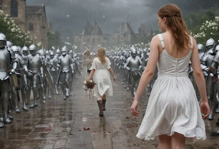 1 girl with an army of knights.
(happy little girl in clean white dress) runs with a white flower in her hand towards background (facing away) from camera. back turned.
(The Army of Knights is covered with blood and wounds), marching from right to left in background.
Masterpiece, DonMSt34mPXL, Realistic Lightning, Cinematic Lightning, Dark Lightning, Rain, Puddle, Clouded Sky, medieval, fantasy, pedestrians, Cape, Reflection, 1girl, army