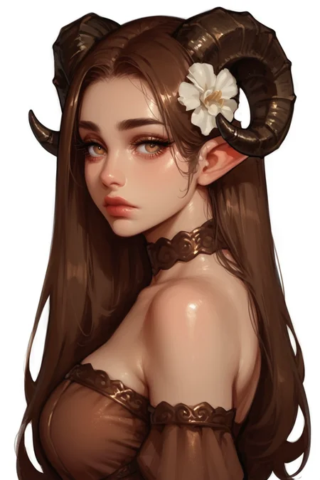 1girl, horns, solo, long hair, pointy ears, looking at viewer, brown hair, bare shoulders, , upper body, sheep horns, lips, light brown eyes, dress, choker, curled horns, straight hair, breasts, hair ornament, detached sleeves, closed mouth, brown dress, nose, from side, , expressionless, brown hair, flower, eyelashes, , see-through, hazel eyes, looking to the side, strapless dress, demon girl, color eyelashes
<lora:RI--Mixmain:1>, zPDXL3, detailxl,