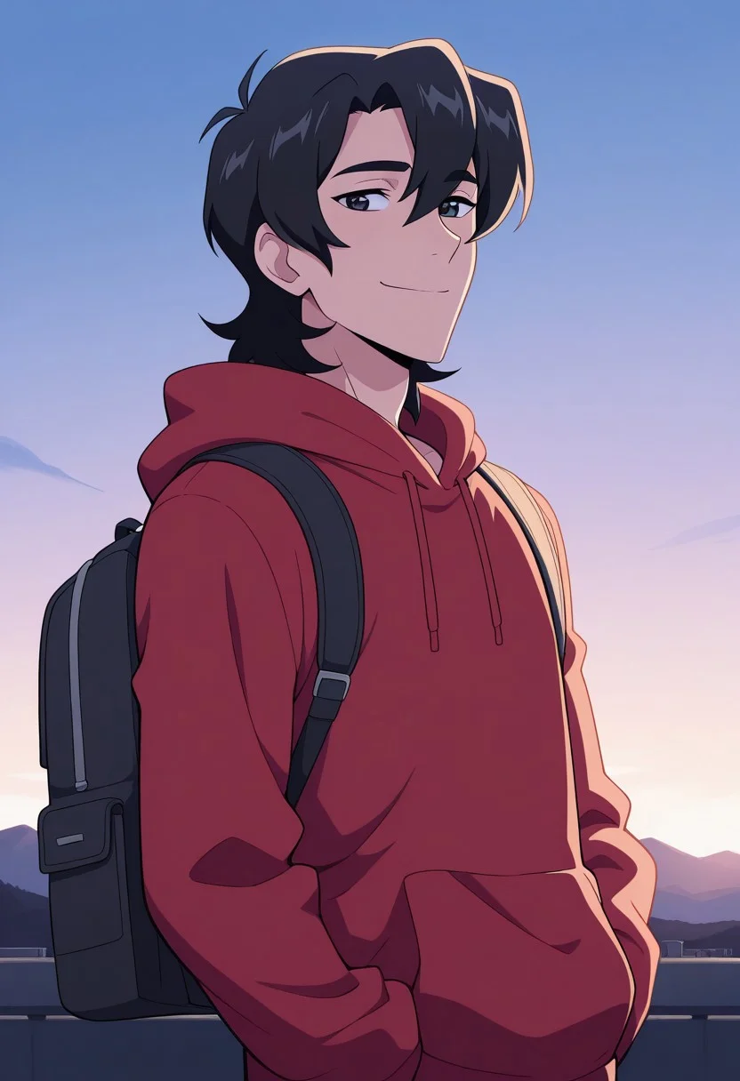 masterpiece,best quality,amazing quality, source_anime, 
keithvld, 1boy, male focus, solo, black eyes, black hair, hoodie, red hoodie, hood, outdoor, sky, smile, backpack