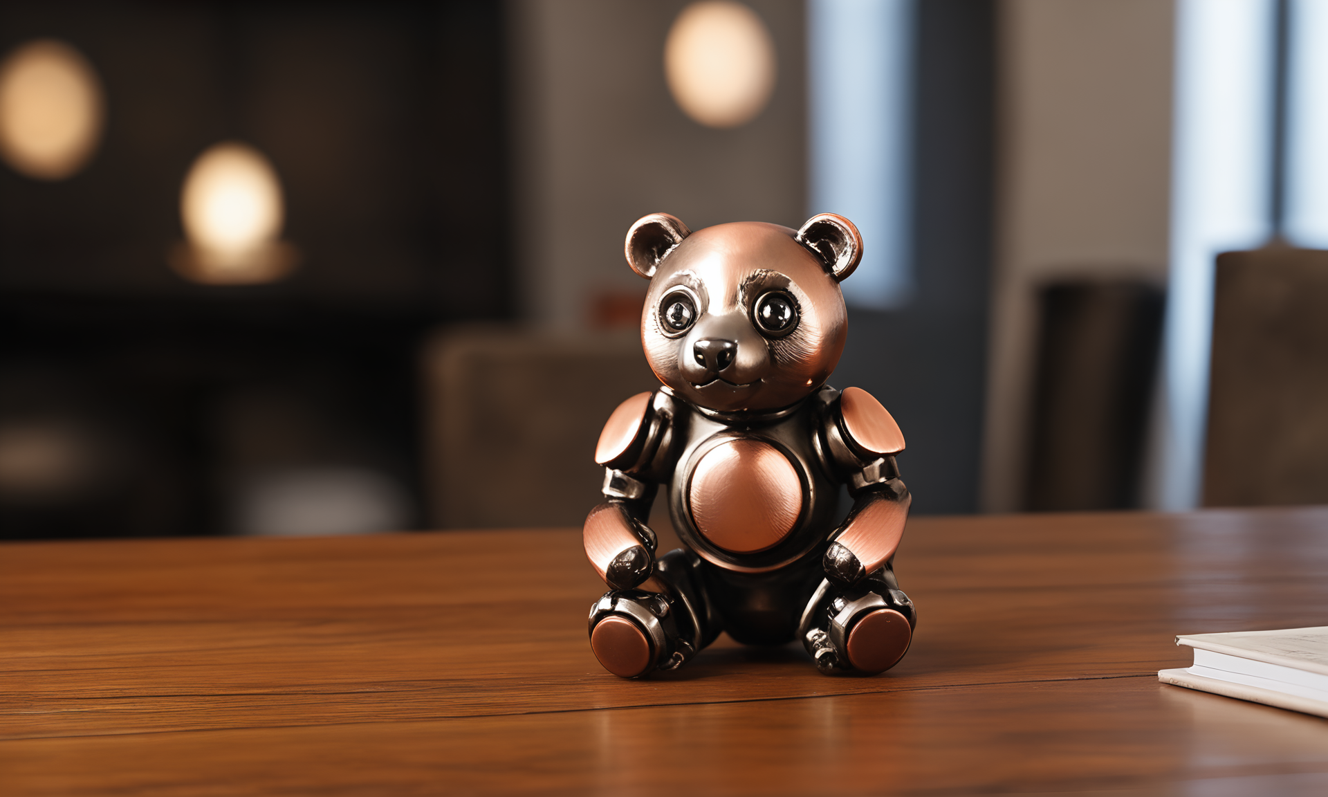 <lora:vintagemechcd_xl-000012:0.8>,a simple-structured panda made of vintagemechcd_xl standing on wooden table,desktop ornament,detailed,hi-res photo,bronze theme,chinese zodiac,no humans,close-up,microspur,indoors,living room,simple background, emotional,harmonious,high budget,moody,epic,gorgeous,perfect lighting,realistic,photorealistic,photographic,photo (medium),real,moody lighting,volumetric lighting,reality ray tracing,8K,HDR,UHD,masterpiece,best quality,highly detailed,high resolution,finely detail,extremely detailed,ultra detailed,wallpaper