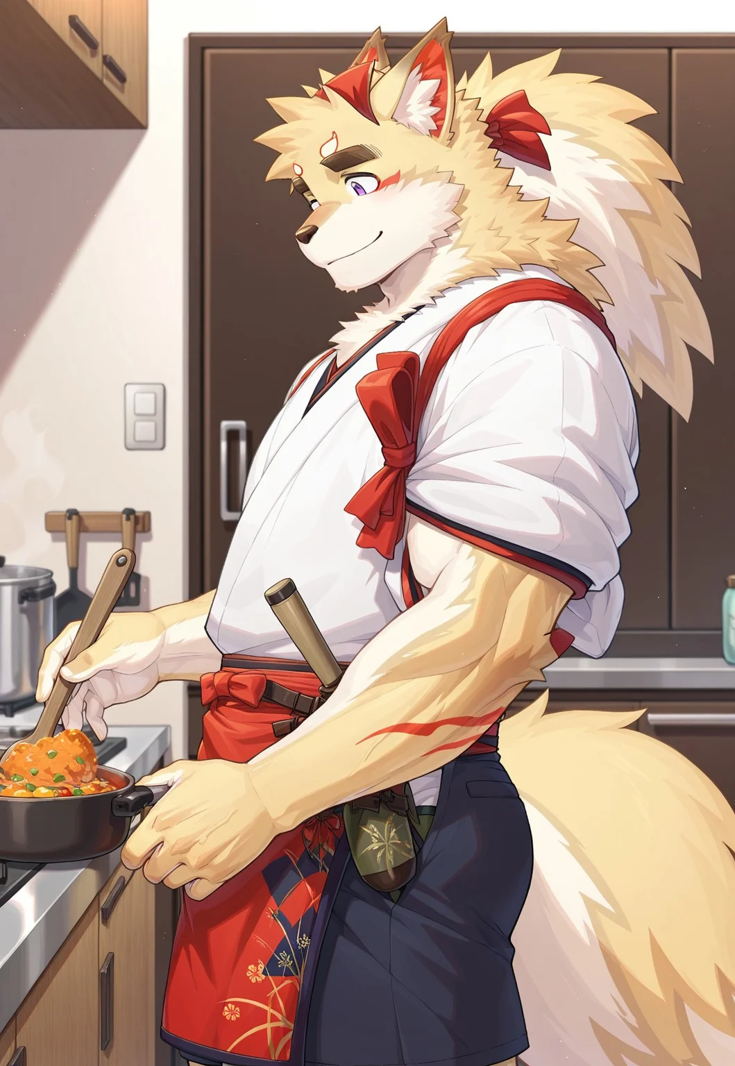 masterpiece, best quality, amazing quality, 1boy, solo focus, male focus, muscular male, furry male, bara, fox boy, inari_tas, purple eyes, white kimono, tasuki, shorts, waist apron, hachimaki, cooking, smile, from side, indoors, kitchen