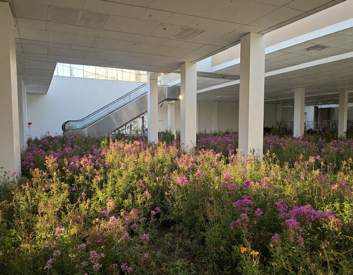 s2ms8ng. Office interior with a field of wildflowers, white pillars casting long shadows across the blooming plants, ceiling with square panels and recessed lighting, dominant earthy tones, escalator in background ascending to a bright area, natural light streaming through skylights, serene and unexpected blend of architecture and nature, overexposed in patches