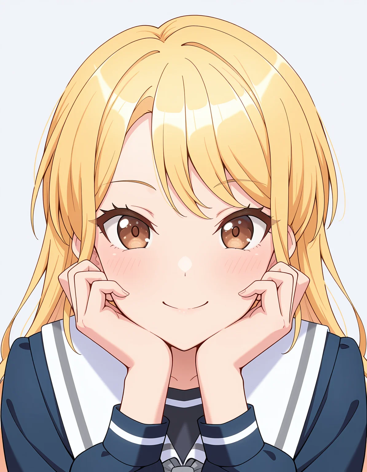 kirigaya toko, blonde hair, brown eyes, <lora:kirigaya_toko_illuXL_v0.3:1>, 1girl, solo, smile, hands on own face, tsukinomori school uniform, looking at viewer, blue serafuku, grey neckerchief, white sailor collar, portrait, grey background,, very awa, masterpiece, best quality, highres, absurdres, newest,