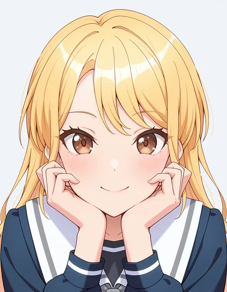 kirigaya toko, blonde hair, brown eyes, <lora:kirigaya_toko_illuXL_v0.3:1>, 1girl, solo, smile, hands on own face, tsukinomori school uniform, looking at viewer, blue serafuku, grey neckerchief, white sailor collar, portrait, grey background,, very awa, masterpiece, best quality, highres, absurdres, newest,
